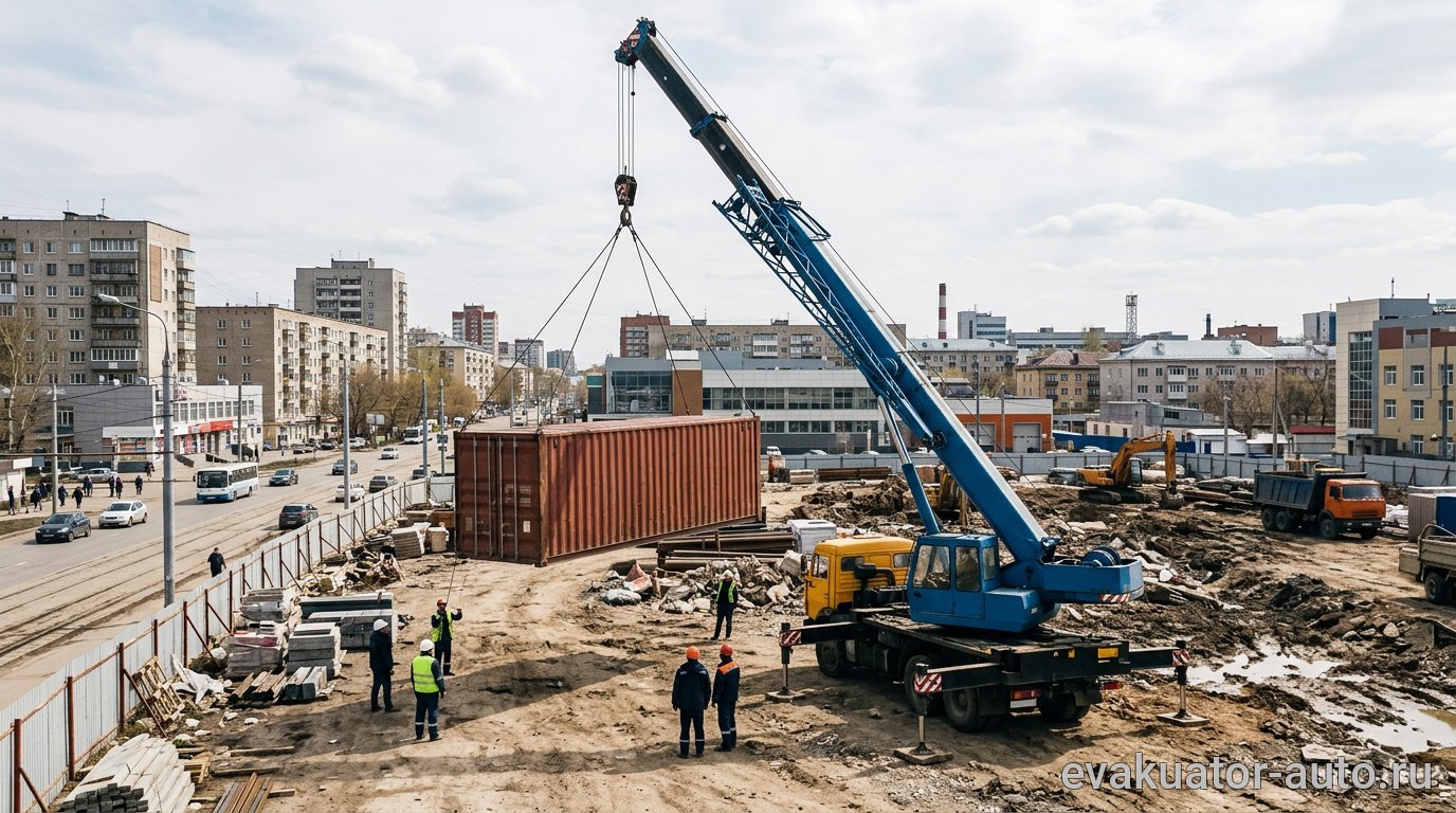 Манипулятор с крюком поднимает металлический контейнер на стройплощадке