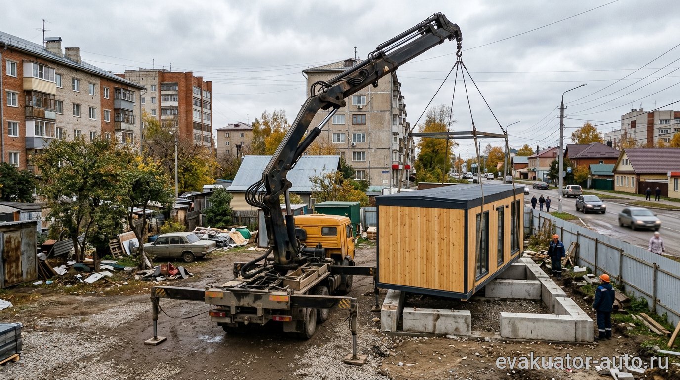 Манипулятор устанавливает бытовку на подготовленный фундамент