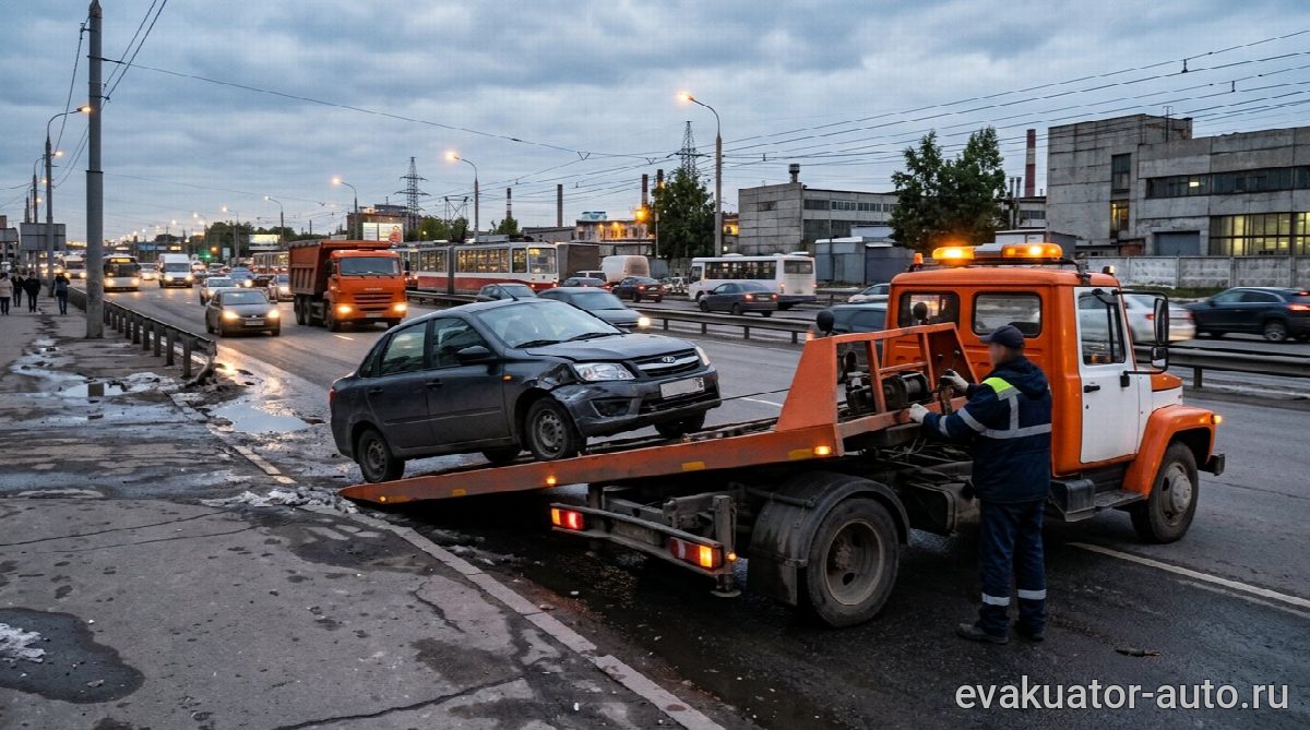 Эвакуатор забирает легковой автомобиль на трассе в промзоне
