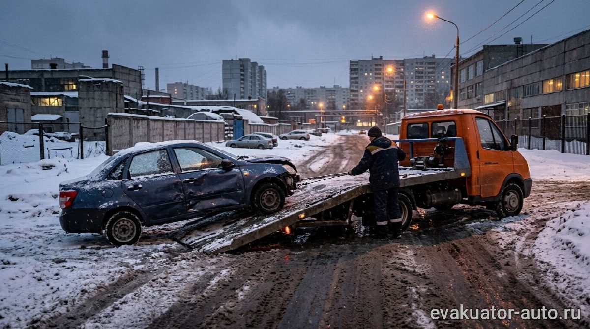 Эвакуация автомобиля после ДТП на трассе в промзоне