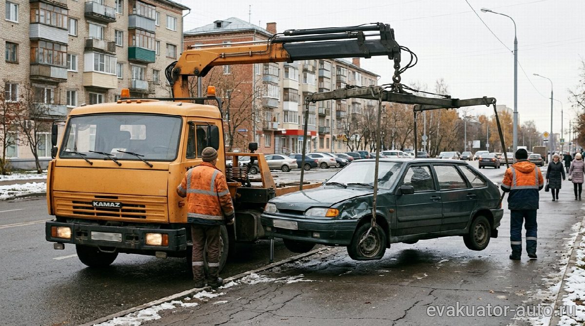 Погрузка автомобиля с помощью манипулятора после ДТП