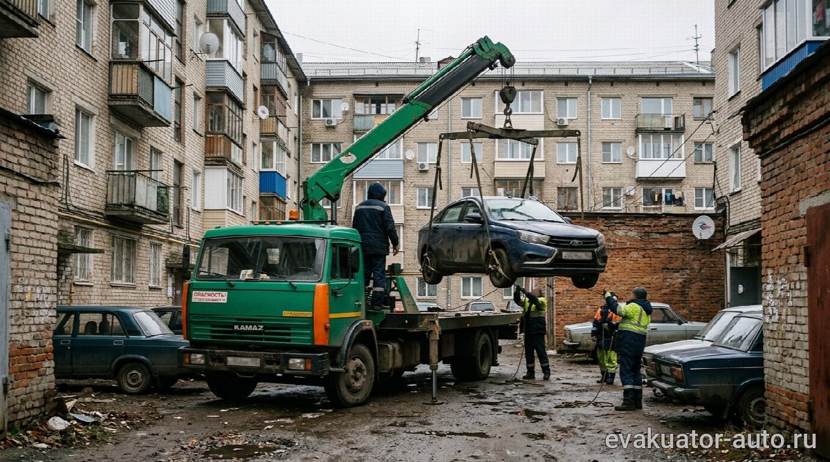 Погрузка автомобиля с помощью манипулятора во дворе