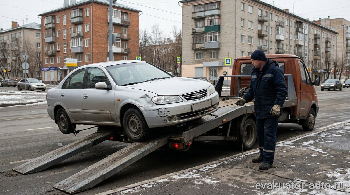 Процесс аккуратной погрузки легкового автомобиля на эвакуатор