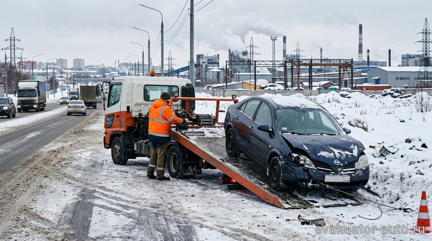 Погрузка автомобиля на эвакуатор с помощью лебедки