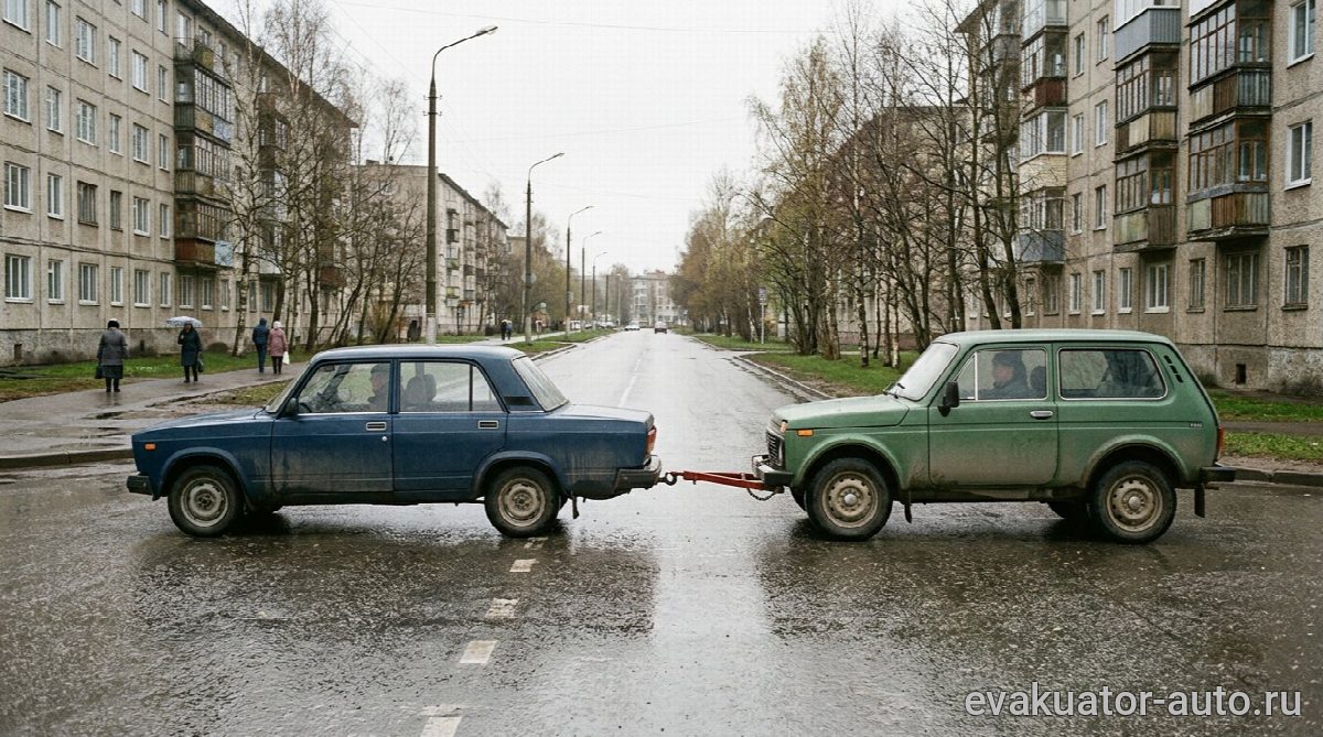 Два автомобиля, соединенные жесткой сцепкой на дороге