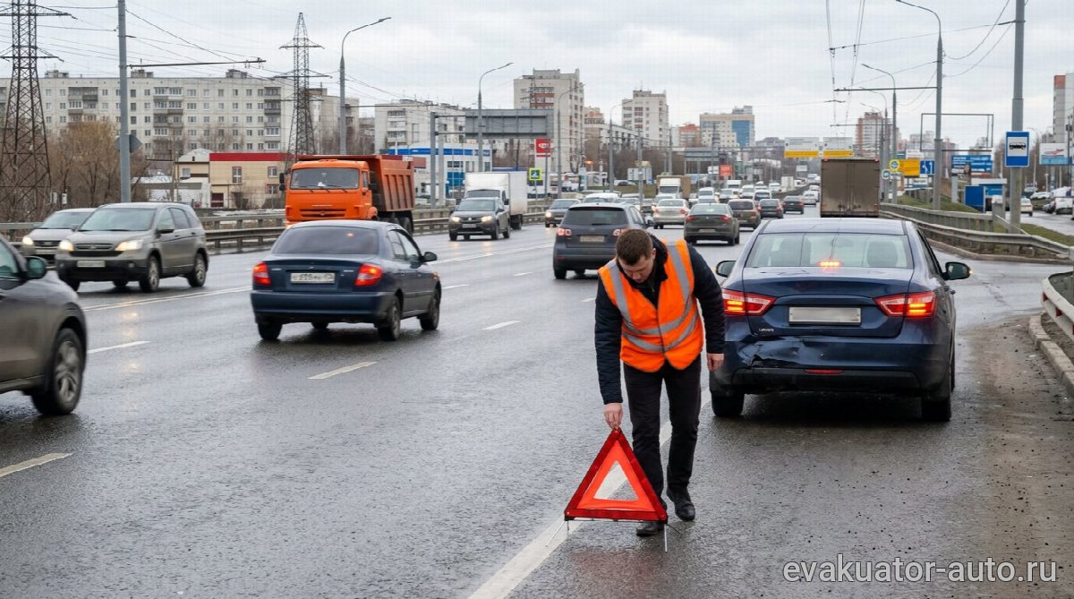 Водитель выставляет знак аварийной остановки на дороге после ДТП