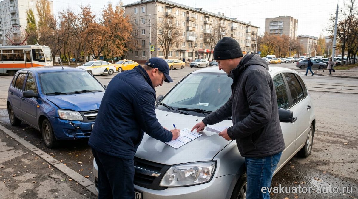 Заполнение извещения о ДТП на капоте автомобиля