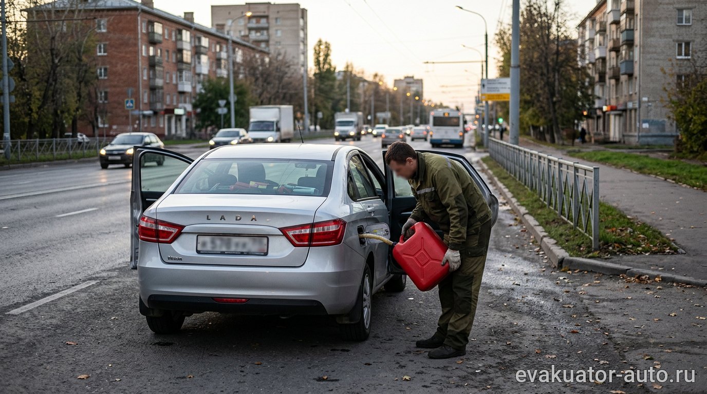 Специалист заправляет автомобиль из канистры на месте