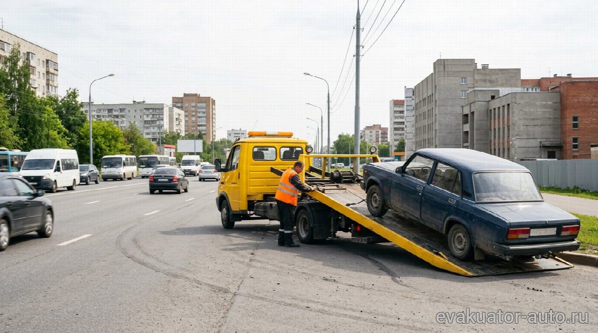 Эвакуатор с частичной погрузкой автомобиля на трассе М-7