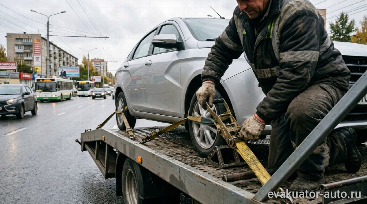 Процесс погрузки легкового автомобиля на эвакуатор