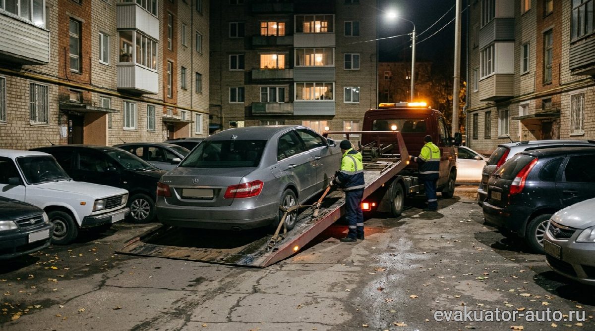 Эвакуатор с частично погруженным Mercedes на фоне типичной застройки Советского района Нижнего Новгорода