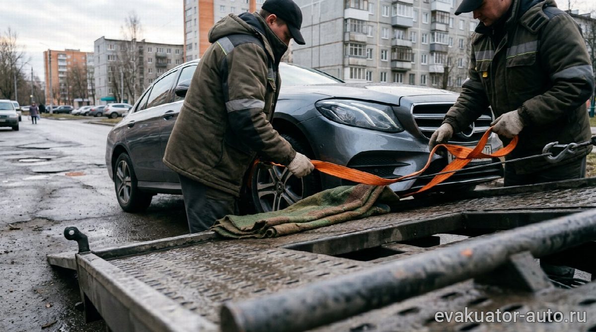 Бригада эвакуаторщиков закрепляет Mercedes на платформе с защитой порогов и бамперов