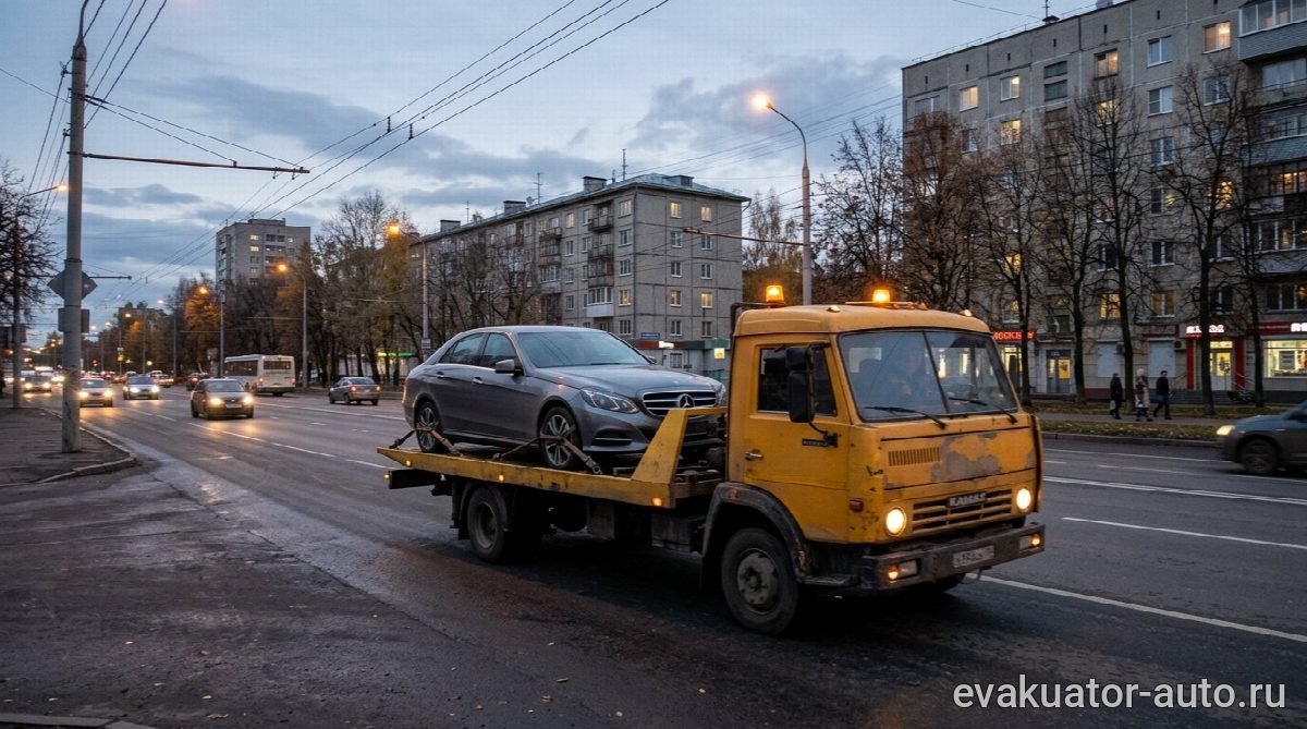 Mercedes на эвакуаторе движется по улице Советского района