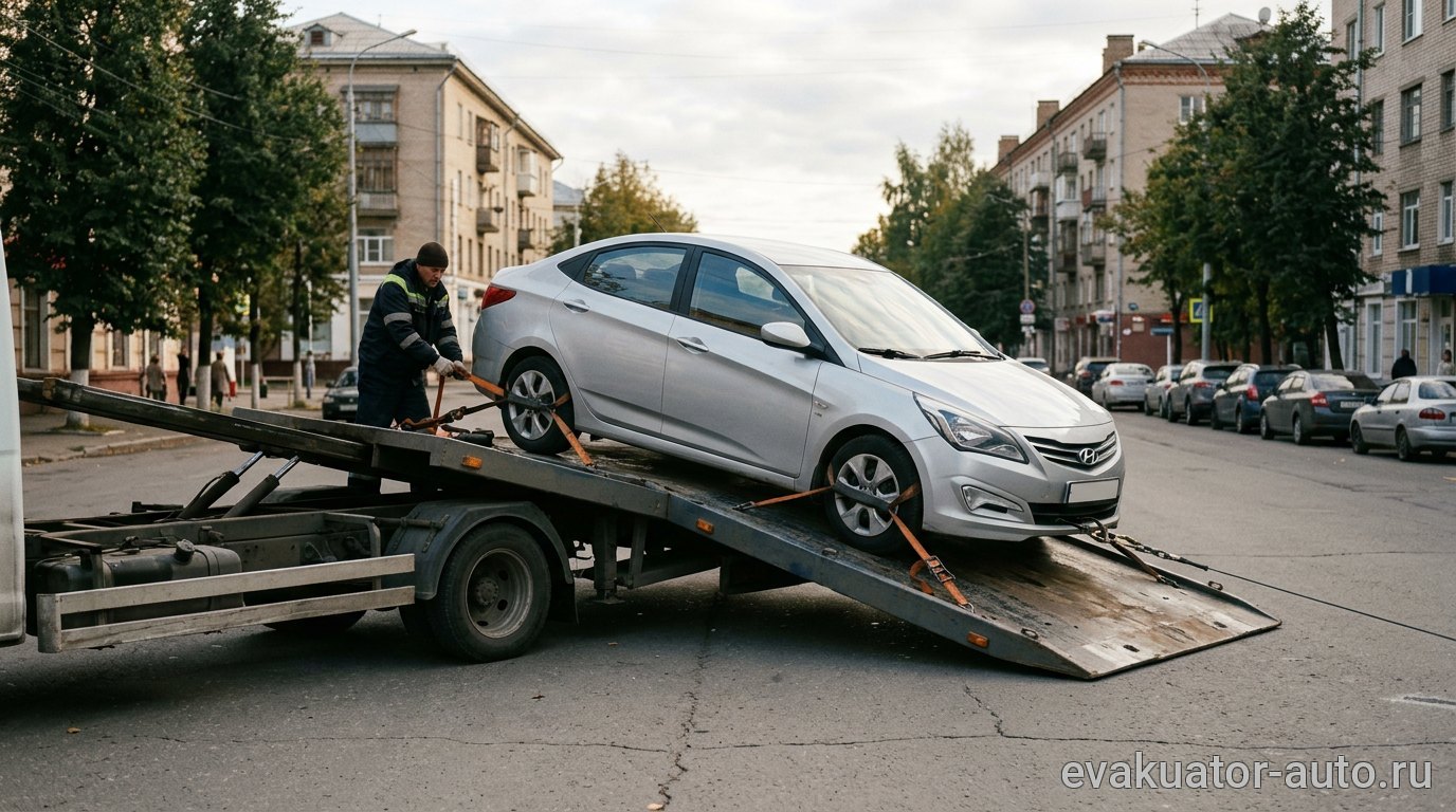 Эвакуатор с платформой забирает легковой автомобиль в Нижнем Новгороде
