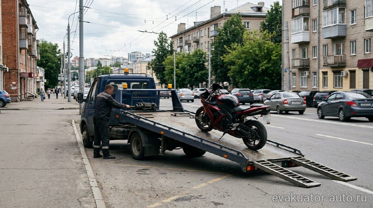 Эвакуатор с платформой загружает мотоцикл в Нижнем Новгороде