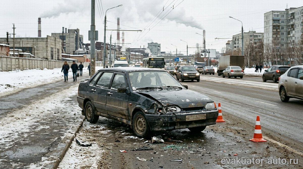 Повреждённый автомобиль после ДТП стоит на обочине в Канавинском районе