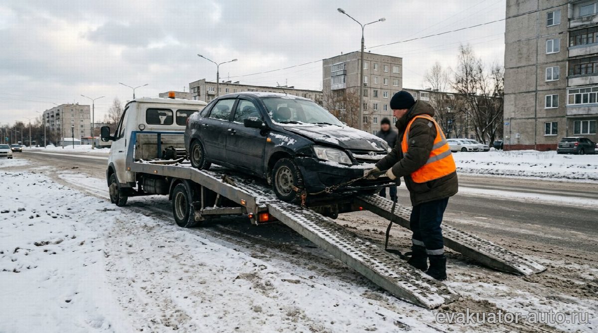 Эвакуатор с лебёдкой аккуратно затягивает машину с повреждённой подвеской