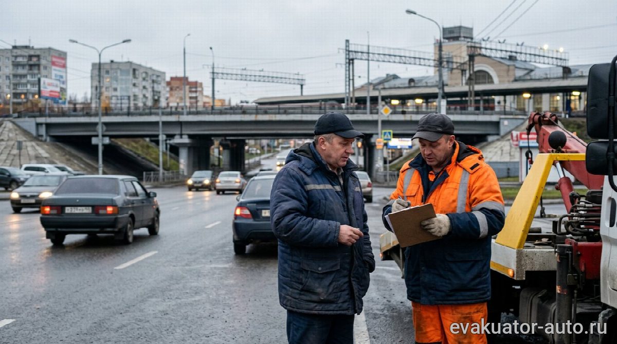 Водитель подписывает документы у эвакуатора после погрузки