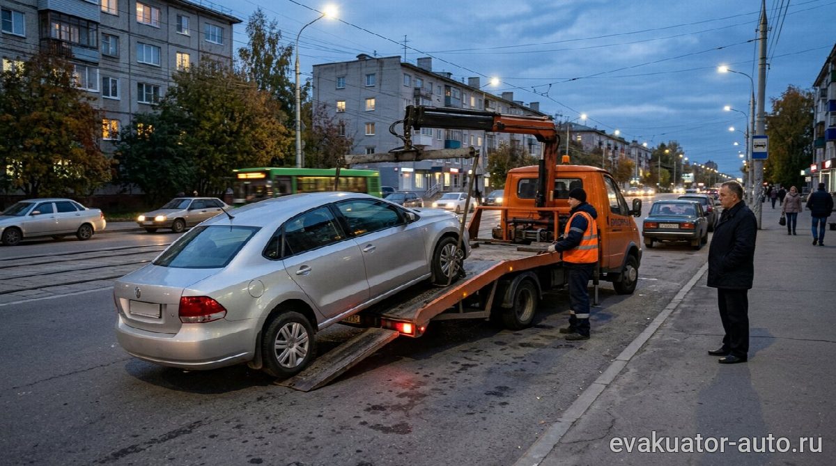 Эвакуатор с частичной погрузкой забирает Фольксваген в Московском районе Нижнего Новгорода