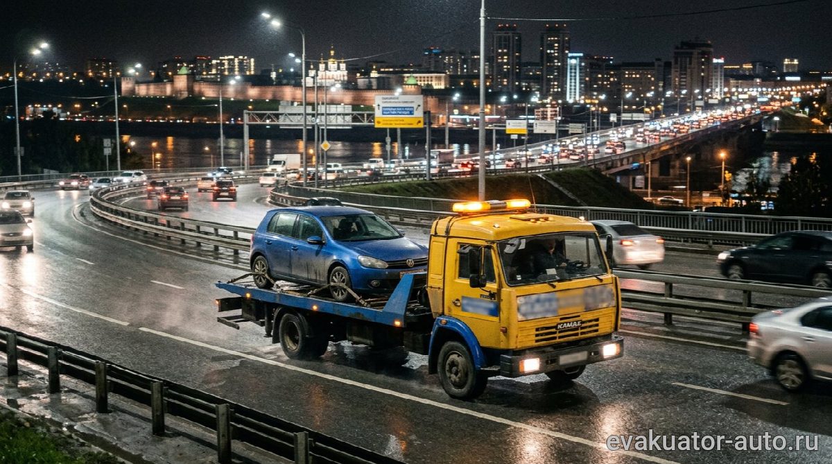 Эвакуатор с Volkswagen движется по дороге в Нижнем Новгороде