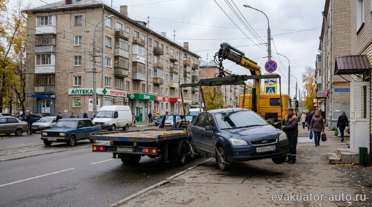 Эвакуатор поднимает легковой автомобиль, припаркованный на тротуаре в Нижнем Новгороде