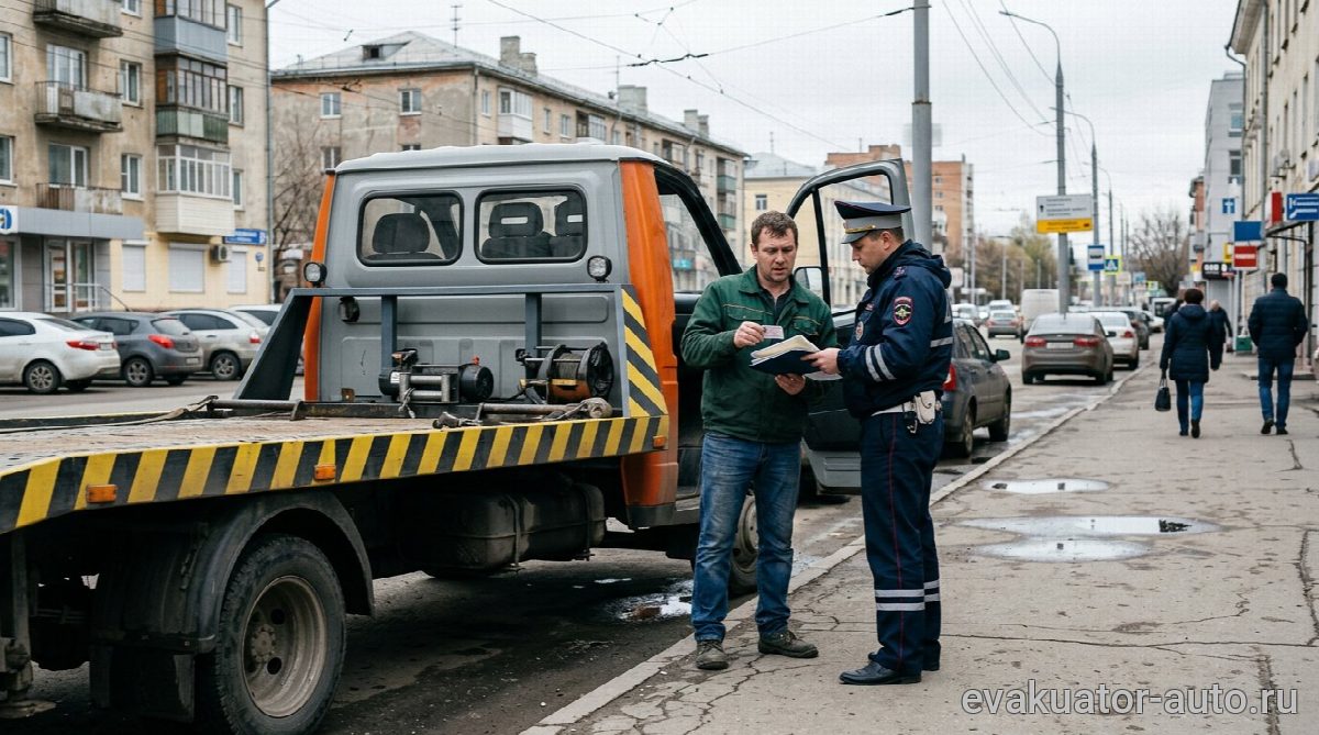 Водитель показывает документы инспектору возле эвакуатора на улице