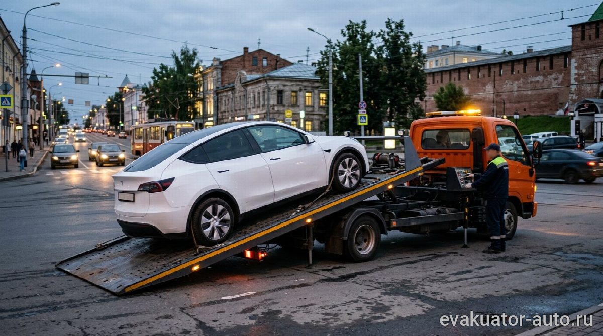 Эвакуатор с гидравлической платформой загружает Tesla Model Y