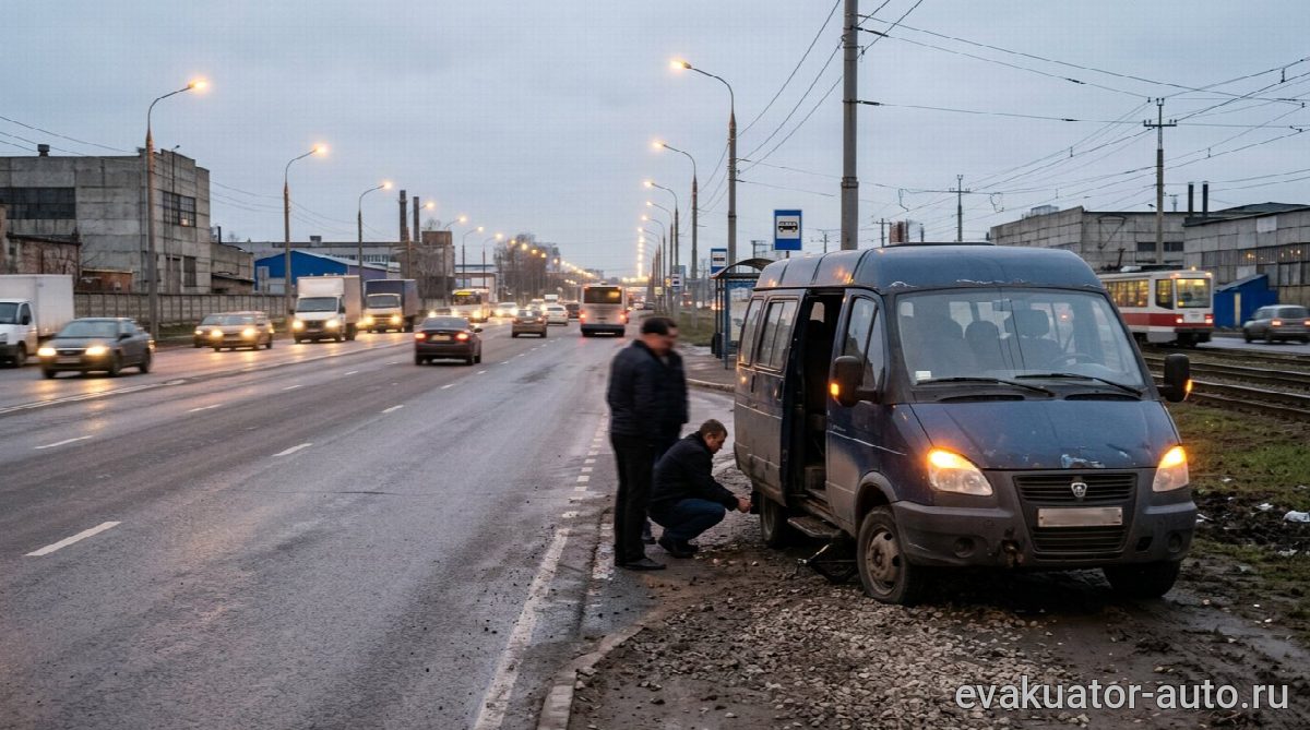 Микроавтобус стоит с пробитым колесом на обочине в Автозаводском районе