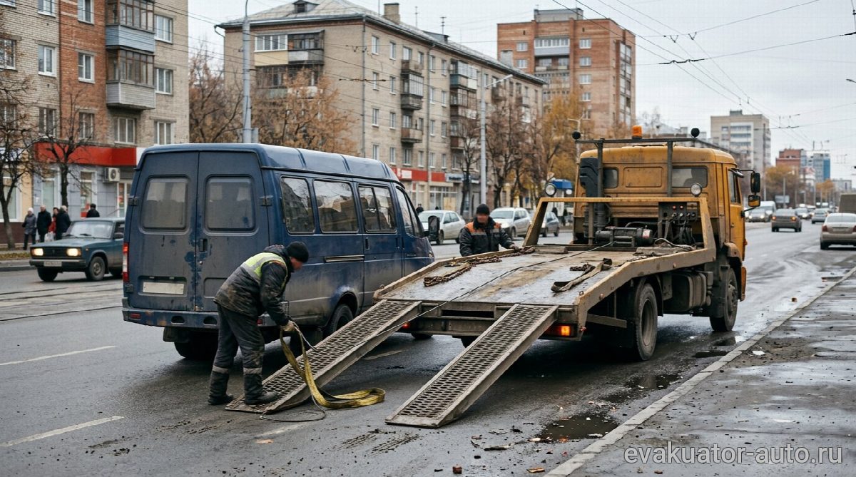 Эвакуатор с лебедкой готовится к погрузке микроавтобуса