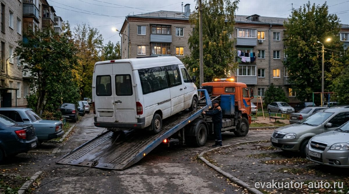Эвакуатор с платформой забирает микроавтобус Mercedes Sprinter во дворе Советского района