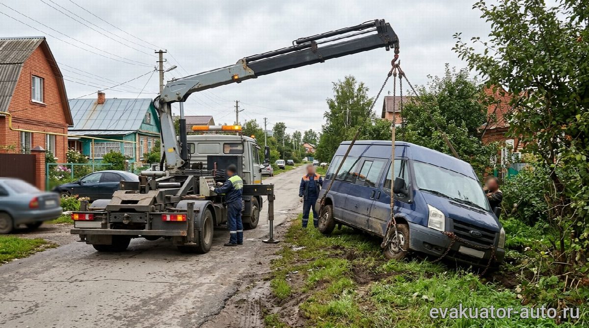 Эвакуатор манипулятор помогает вытащить микроавтобус из сложного места в частном секторе