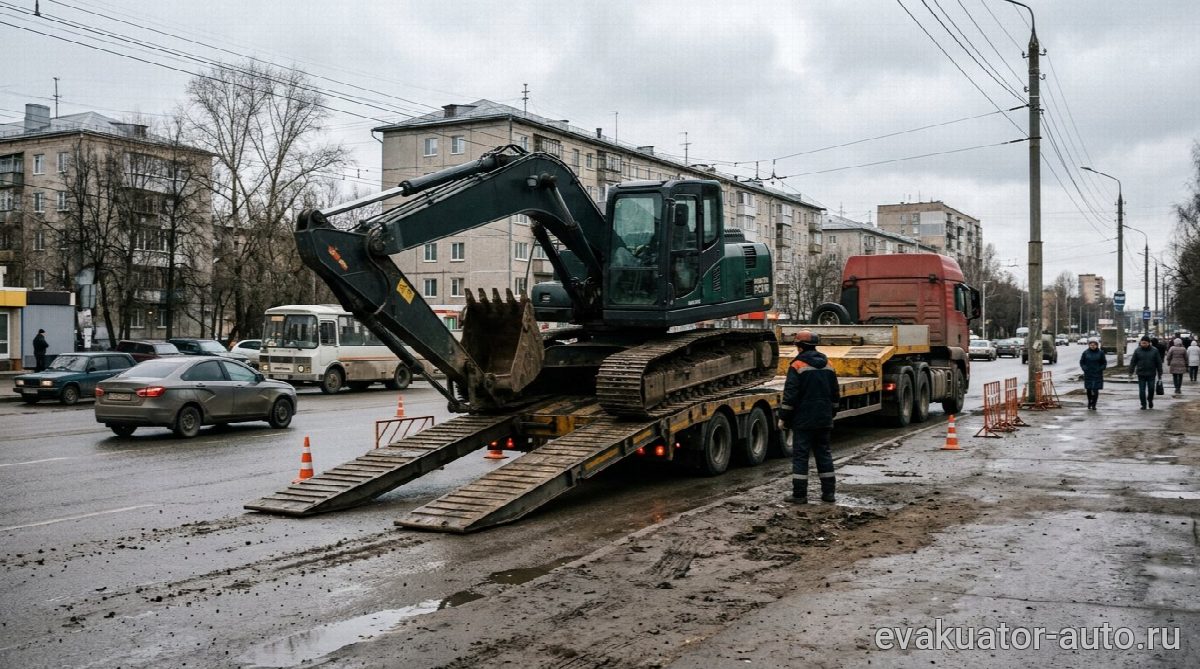 Низкорамный трал загружает гусеничный экскаватор