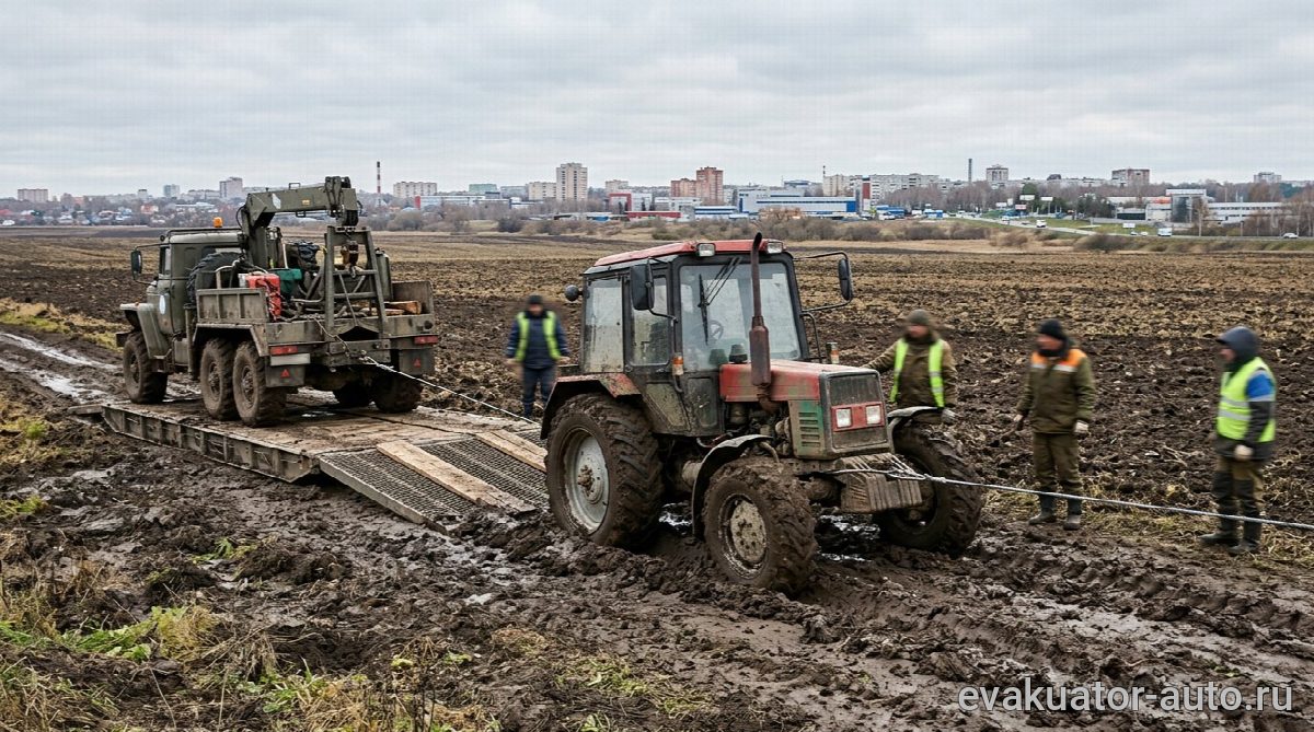 Эвакуация трактора с помощью лебёдки в поле
