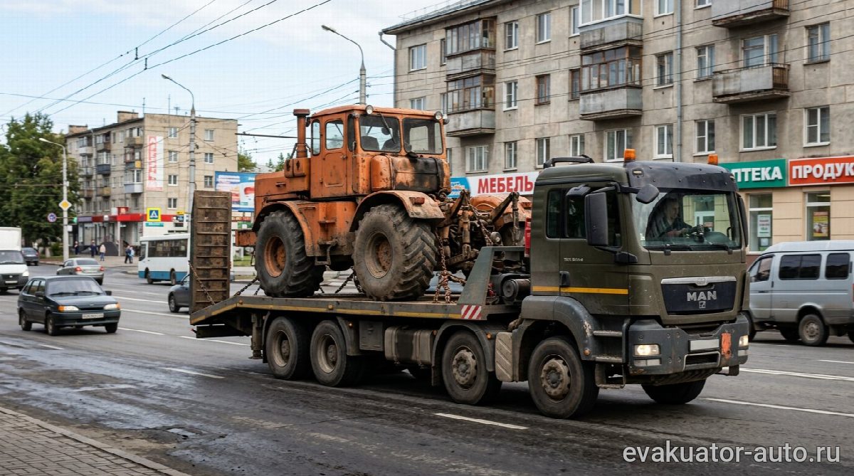 Эвакуатор со спецтехникой на платформе едет по дороге в Нижнем Новгороде