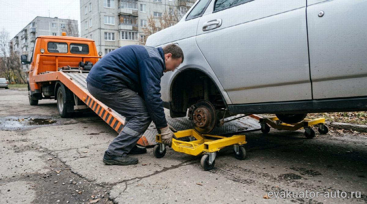 Использование специальных роликовых тележек под ступицы автомобиля без колес
