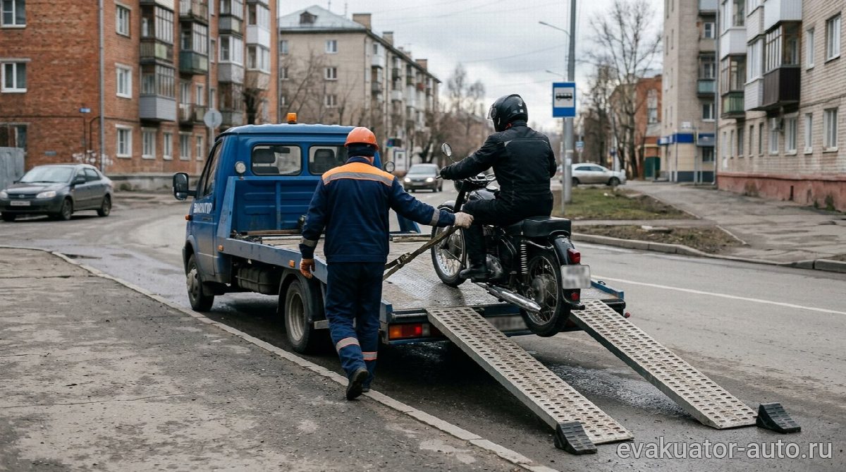 Процесс погрузки мотоцикла по аппарелям на эвакуатор