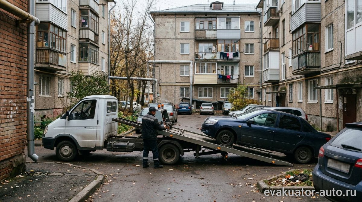 Эвакуатор Газель с частичной погрузкой легкового автомобиля во дворе Нижнего Новгорода