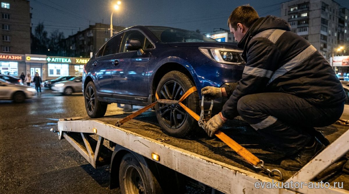 Процесс фиксации автомобиля на платформе эвакуатора Газель