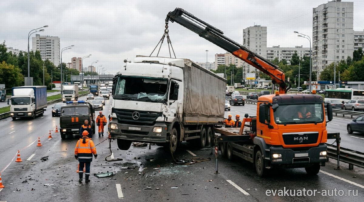 Грузовой эвакуатор с краном-манипулятором забирает фуру после ДТП