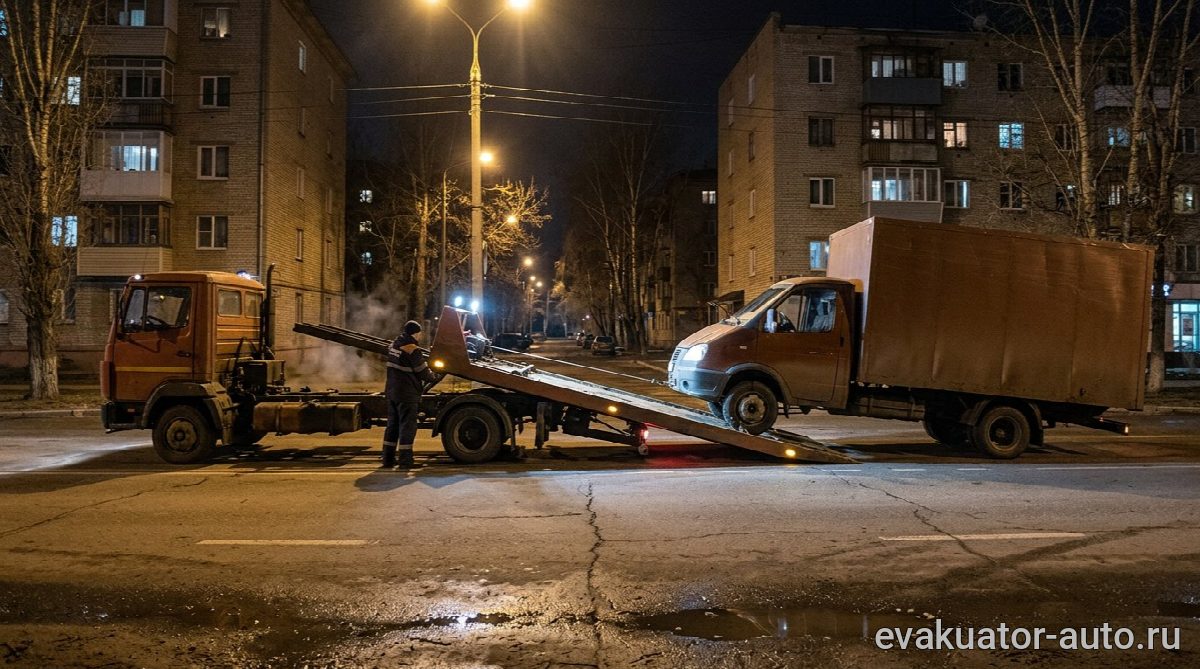 Процесс полной погрузки грузовика на эвакуатор