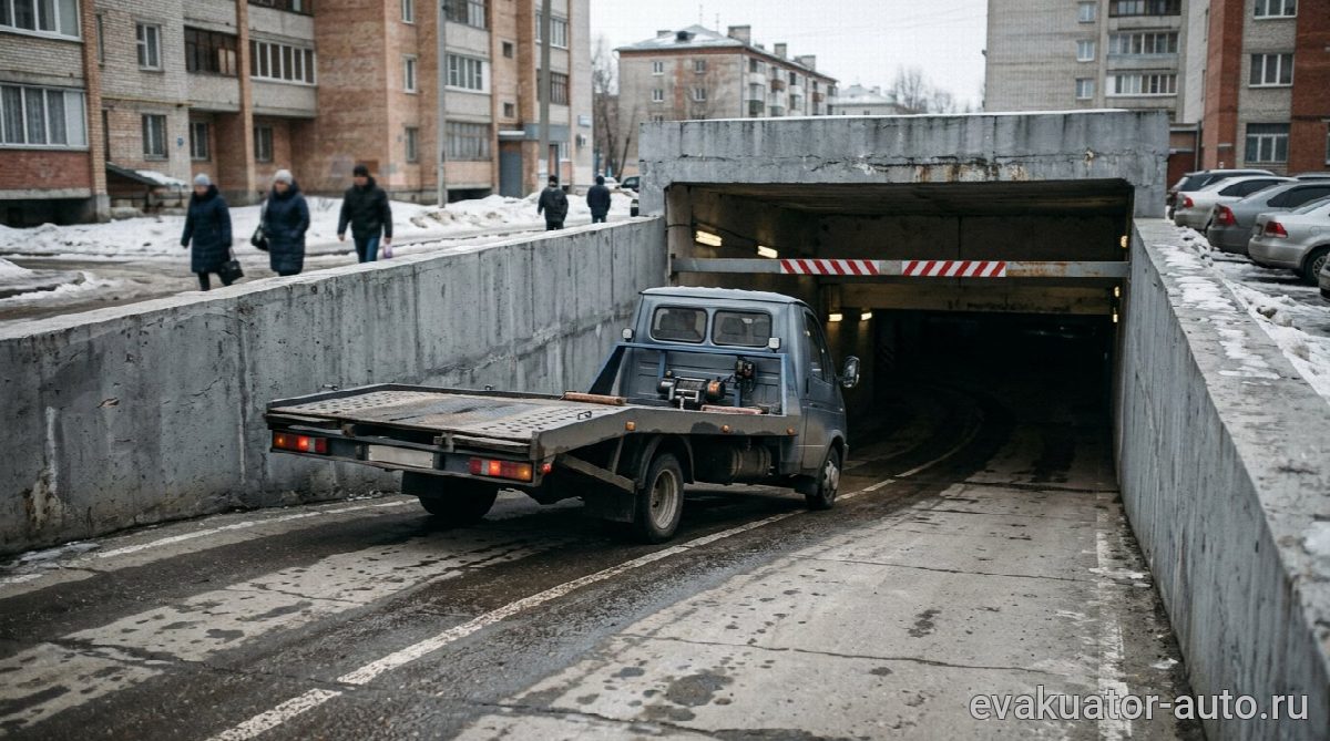 Компактный эвакуатор с лебёдкой заезжает в подземный паркинг