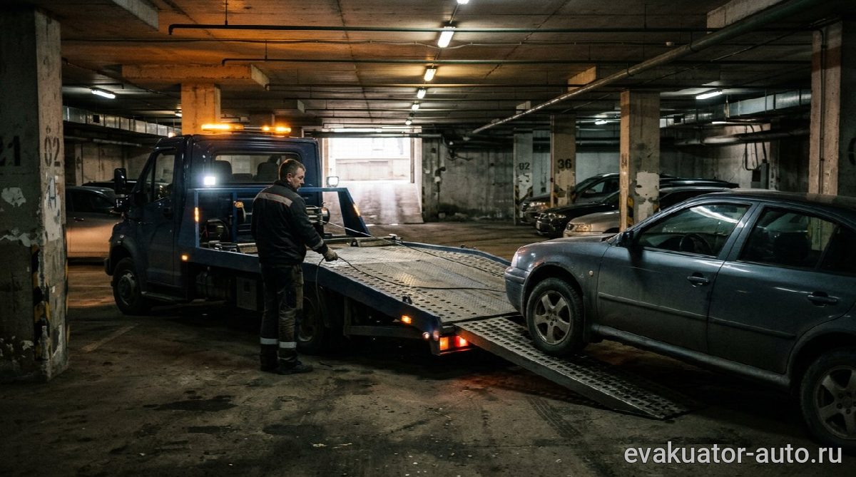 Погрузка автомобиля с помощью лебёдки в тесном подземном паркинге