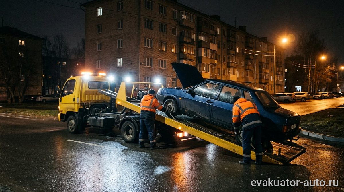 Эвакуатор с включенными фонарями работает ночью на дороге в Нижнем Новгороде