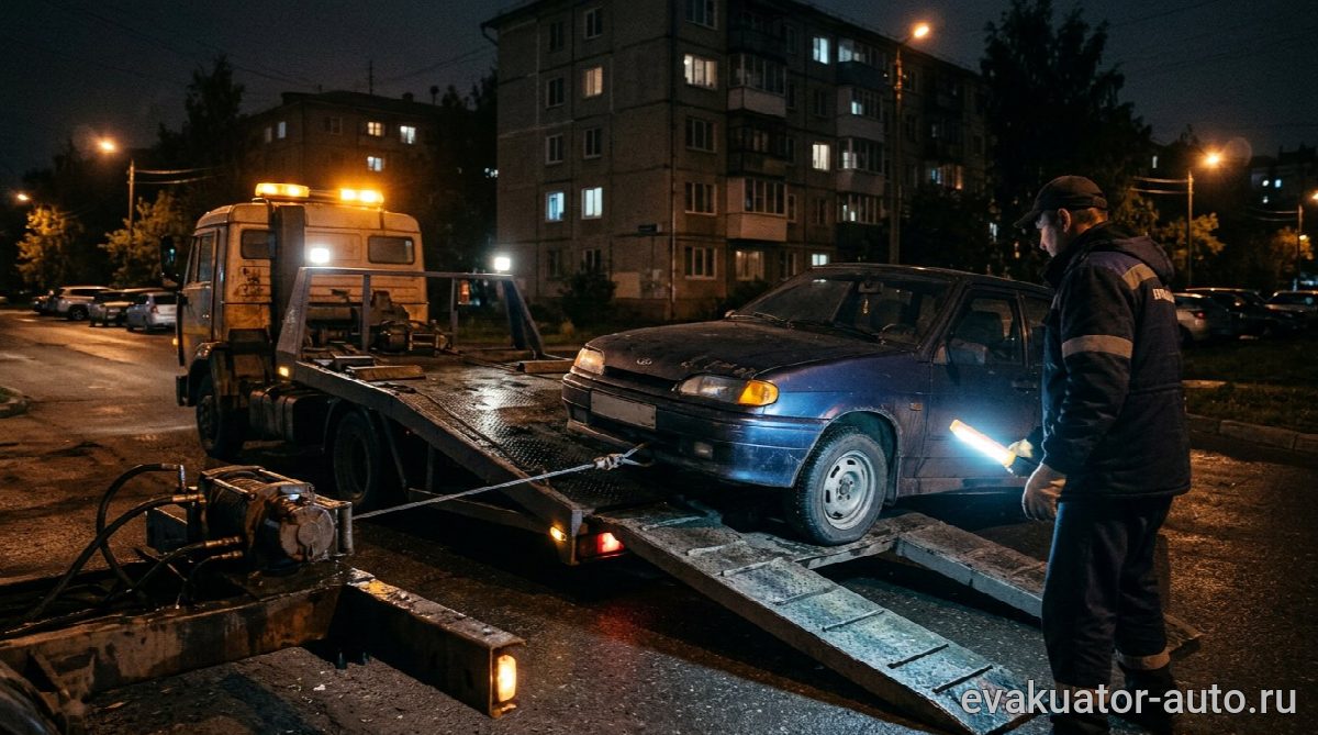 Процесс погрузки автомобиля на эвакуатор в ночное время