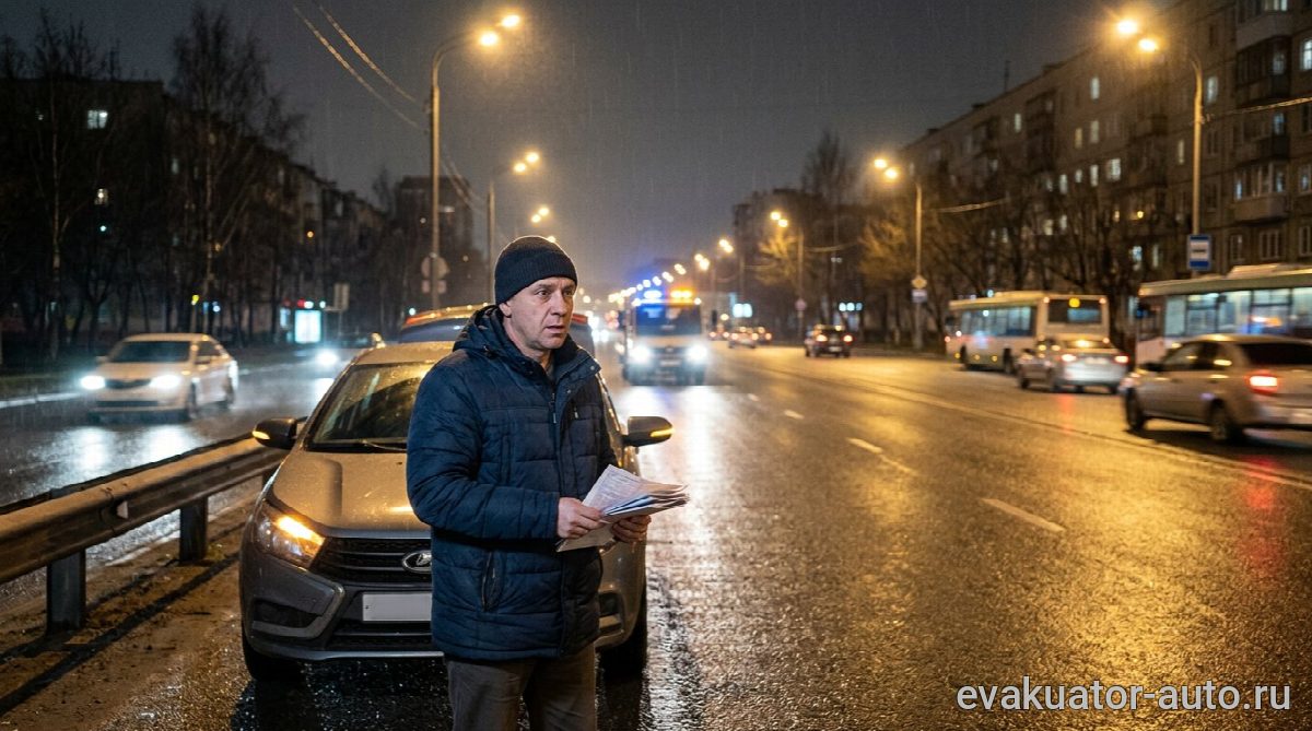 Водитель встречает эвакуатор ночью возле своей машины