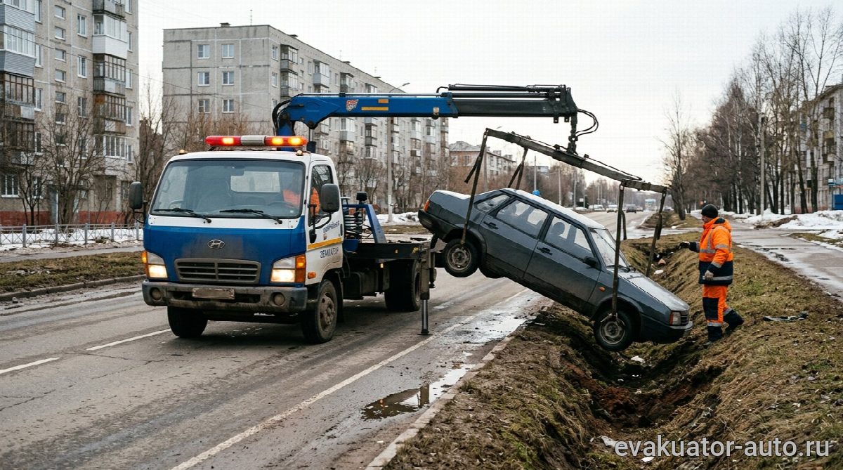 Эвакуатор с манипулятором вытаскивает автомобиль из кювета в Нижнем Новгороде