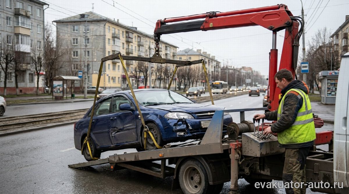 Процесс погрузки автомобиля на платформу с помощью манипулятора