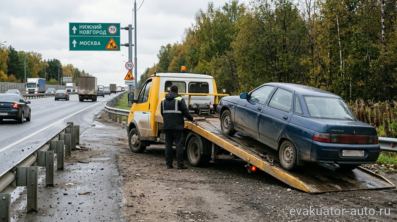 Эвакуатор с частичной погрузкой автомобиля на трассе
