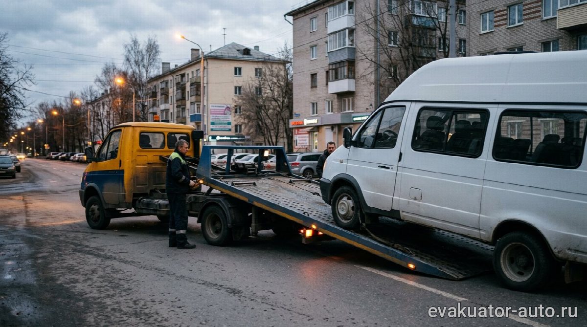 Эвакуатор со сдвижной платформой грузит микроавтобус Газель
