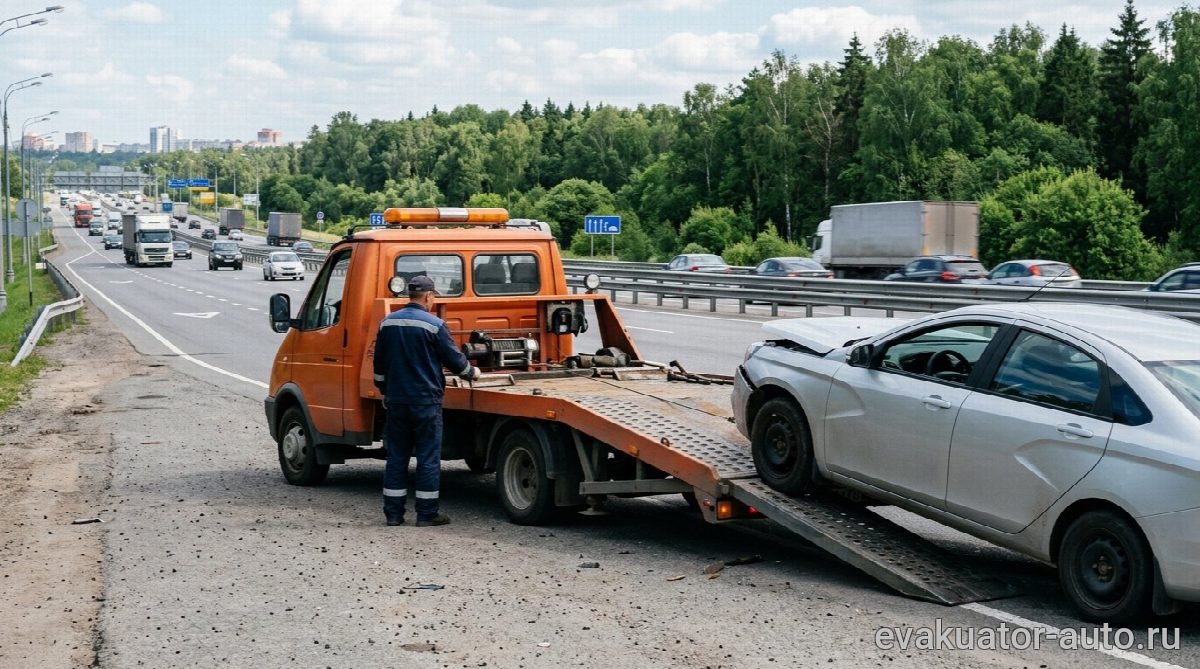 Эвакуатор с частично погруженным легковым автомобилем на обочине трассы М-7
